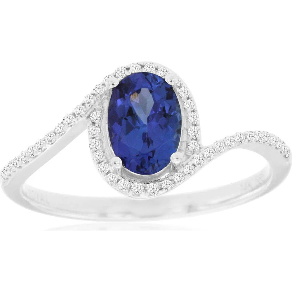 14K White Gold Tanzanite & Diamond Halo Ring - 0.84 Carats Tanzanite, 0.14 Carats Diamond Total Weight - Royal Jewelry
