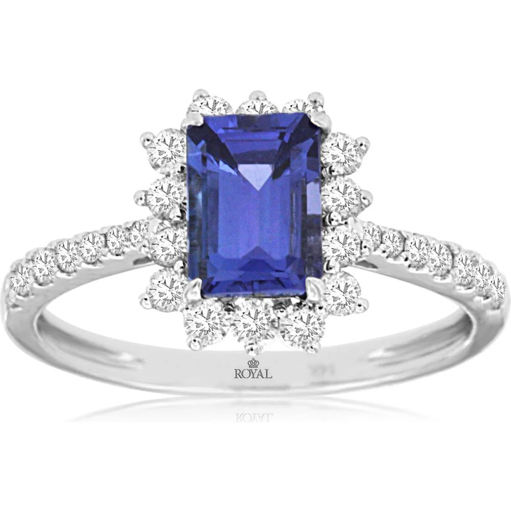 14K White Gold Tanzanite & Diamond Halo Ring - 1.63 Carats Total Gemstone Weight - Royal Jewelry