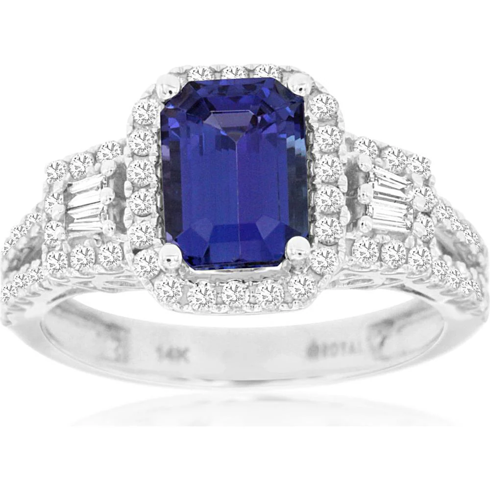 14K White Gold Tanzanite & Diamond Halo Ring - 2.23 Carats Total Tanzanite Weight - Royal Jewelry