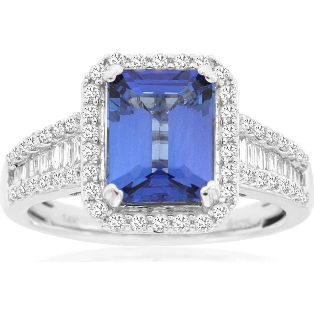 14K White Gold Tanzanite & Diamond Halo Ring - 2.50 Carats Tanzanite, 1.00 Carat Total Diamond Weight - Royal Jewelry