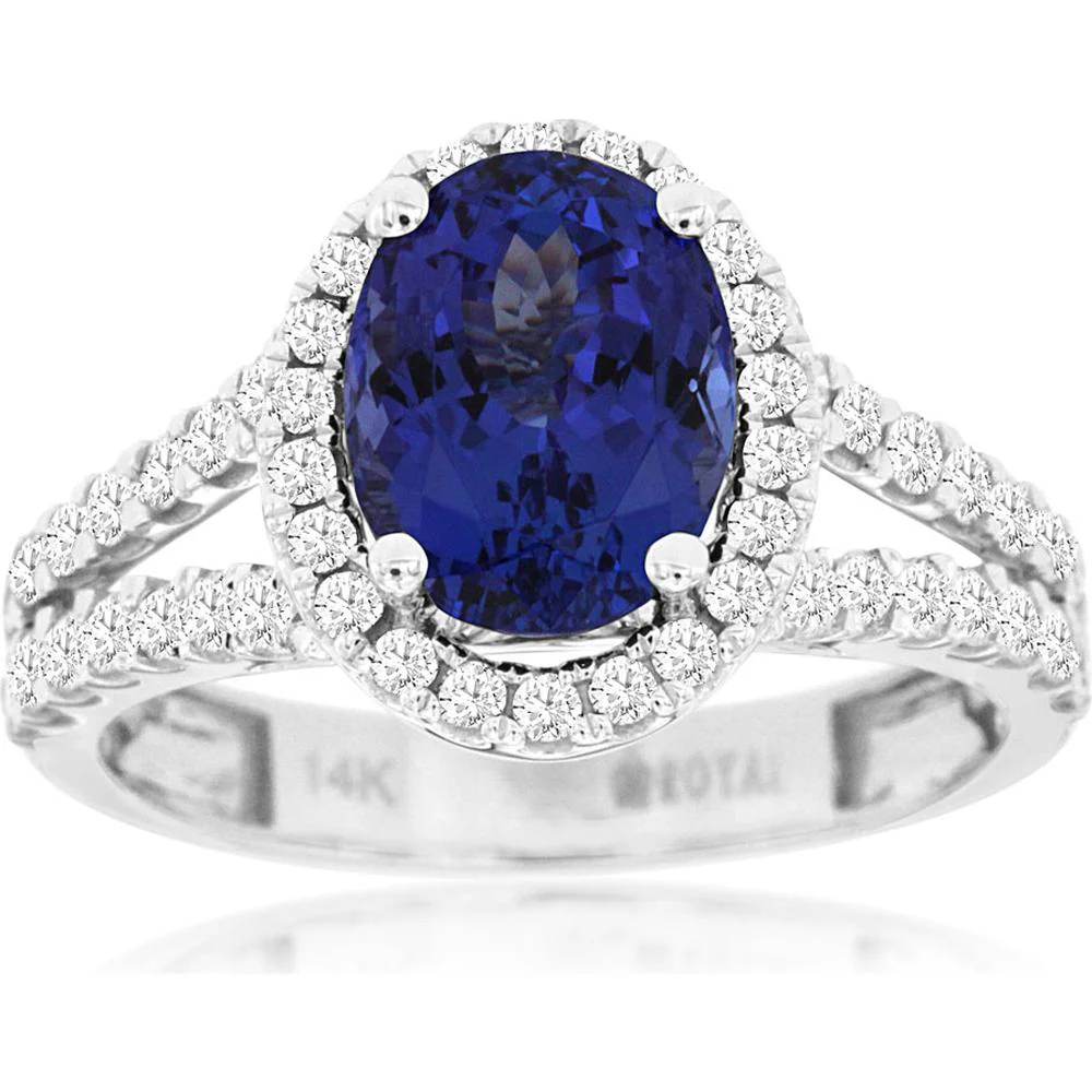 14K White Gold Tanzanite & Diamond Halo Ring - 2.72 Carats Total Weight - Royal Jewelry