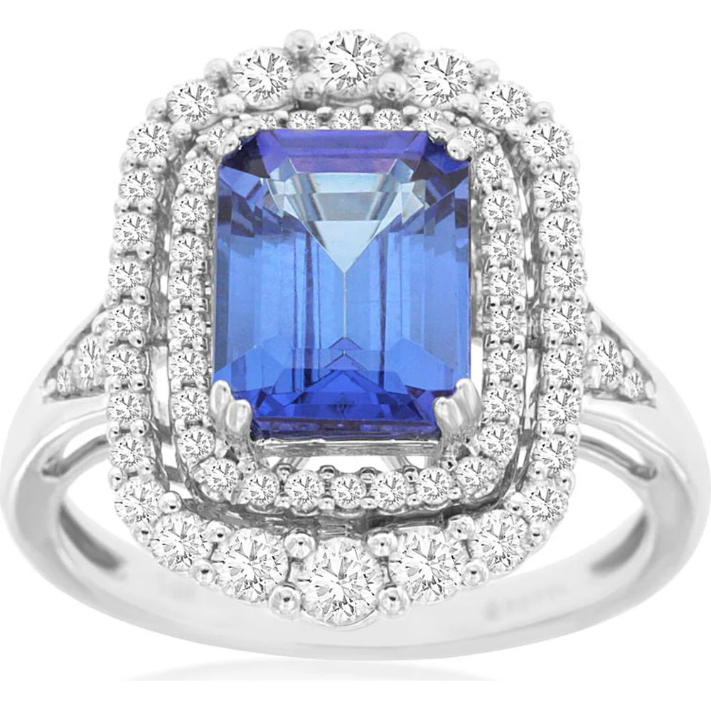 14K White Gold Tanzanite & Diamond Halo Ring - 3.45 Carats Total Gem Weight - Royal Jewelry