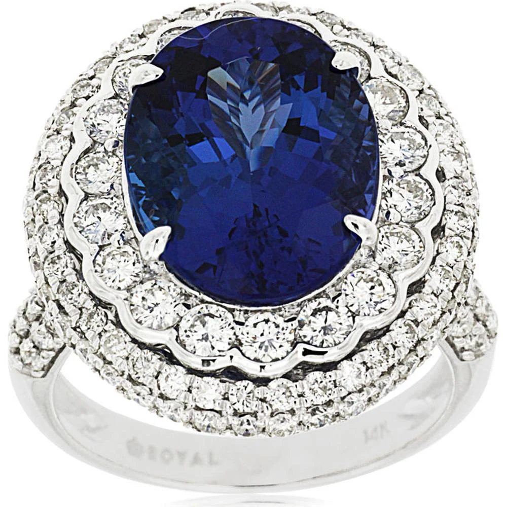 14K White Gold Tanzanite & Diamond Halo Ring - 5.60 Carats Tanzanite, 2.00 Carats Diamond Total Weight - Royal Jewelry