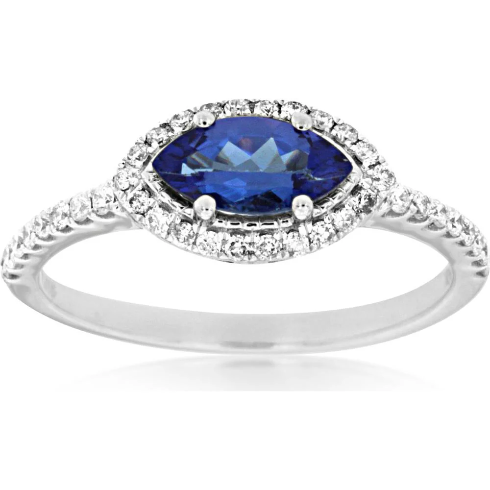 14K White Gold Tanzanite and Diamond Marquise Ring - 0.50 Carats Tanzanite, 0.25 Carats Diamond Total Weight - Royal Jewelry