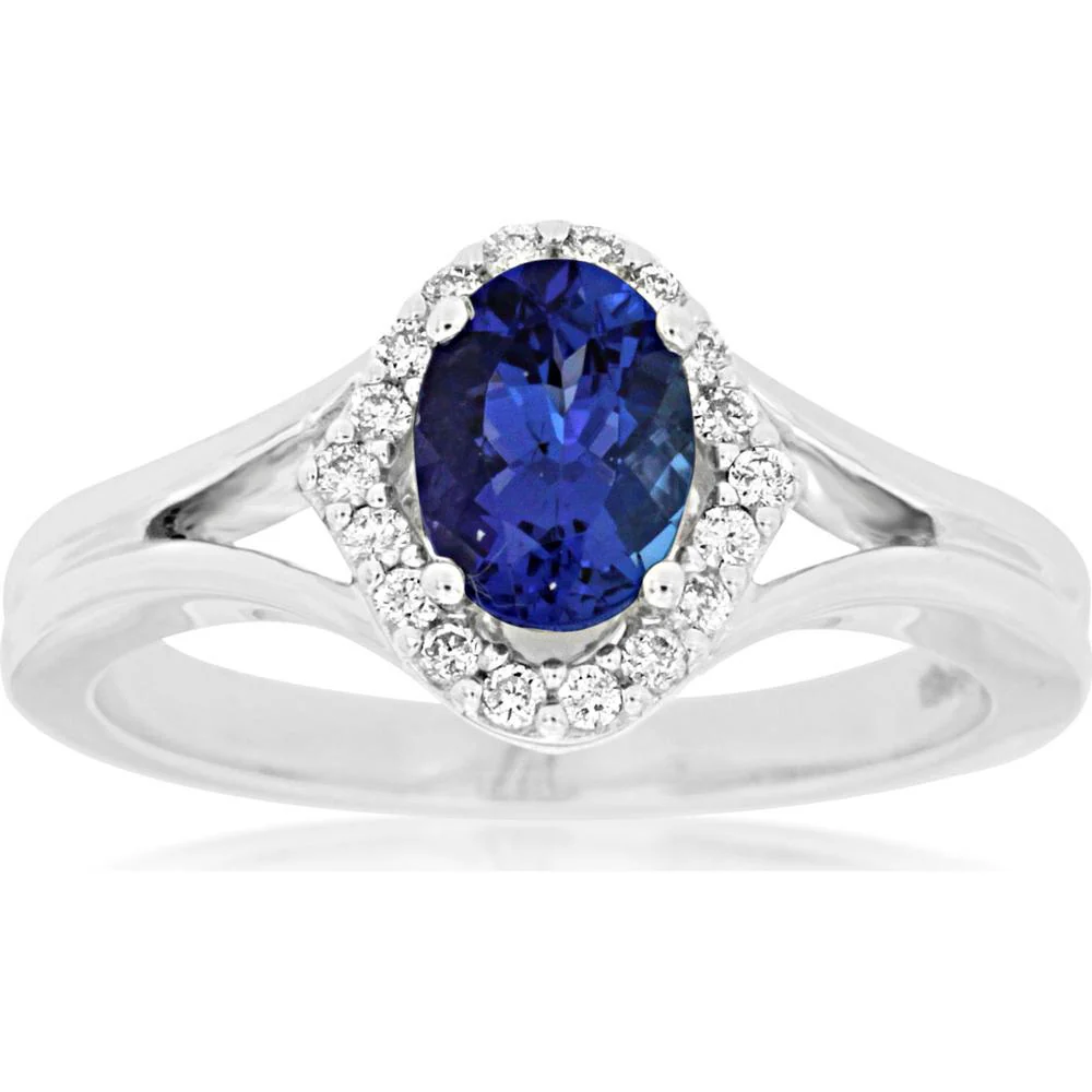 14K White Gold Tanzanite & Diamond Oval Halo Ring - 1.00 Carat Total Gem Weight - Royal Jewelry