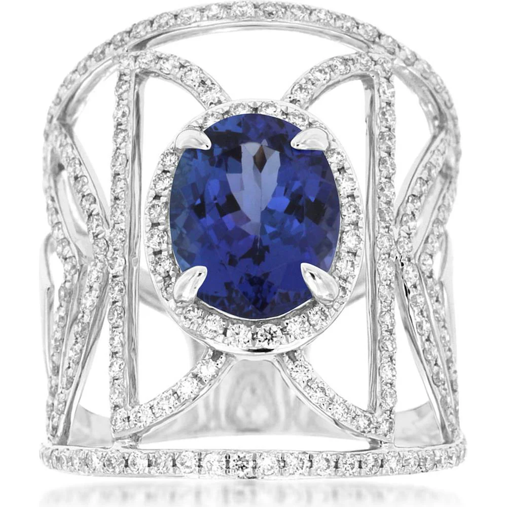 14K White Gold Tanzanite & Diamond Oval Ring - 4.05 Carats Total Gem Weight - Royal Jewelry