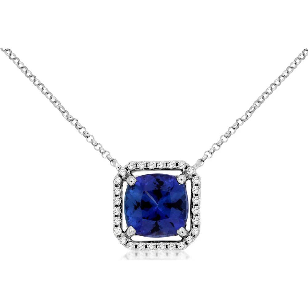 14K White Gold Tanzanite and Diamond Pendant - 2.70 Carats Tanzanite & 0.14 Carats Diamond Halo - Royal Jewelry