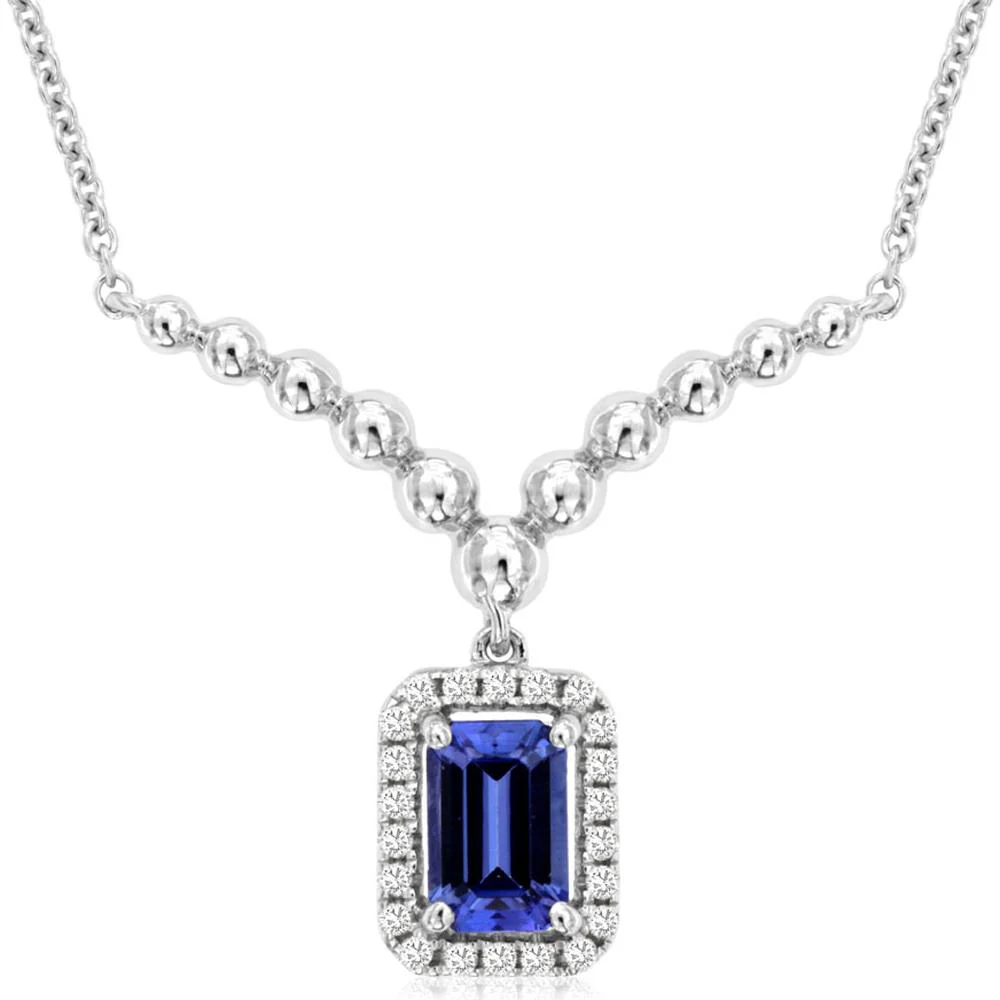 14K White Gold Tanzanite and Diamond Pendant Necklace with Emerald Cut Tanzanite - 0.60 Carats Tanzanite and 0.10 Carats Total Diamond Weight - Royal Jewelry