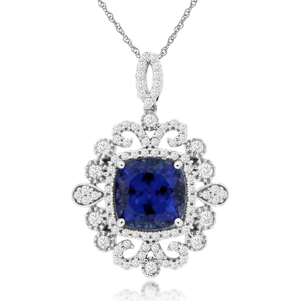 14K White Gold Tanzanite & Diamond Pendant with Cushion Cut Tanzanite - 2.40 Carats Tanzanite, 0.57 Carats Total Diamond Weight - Royal Jewelry
