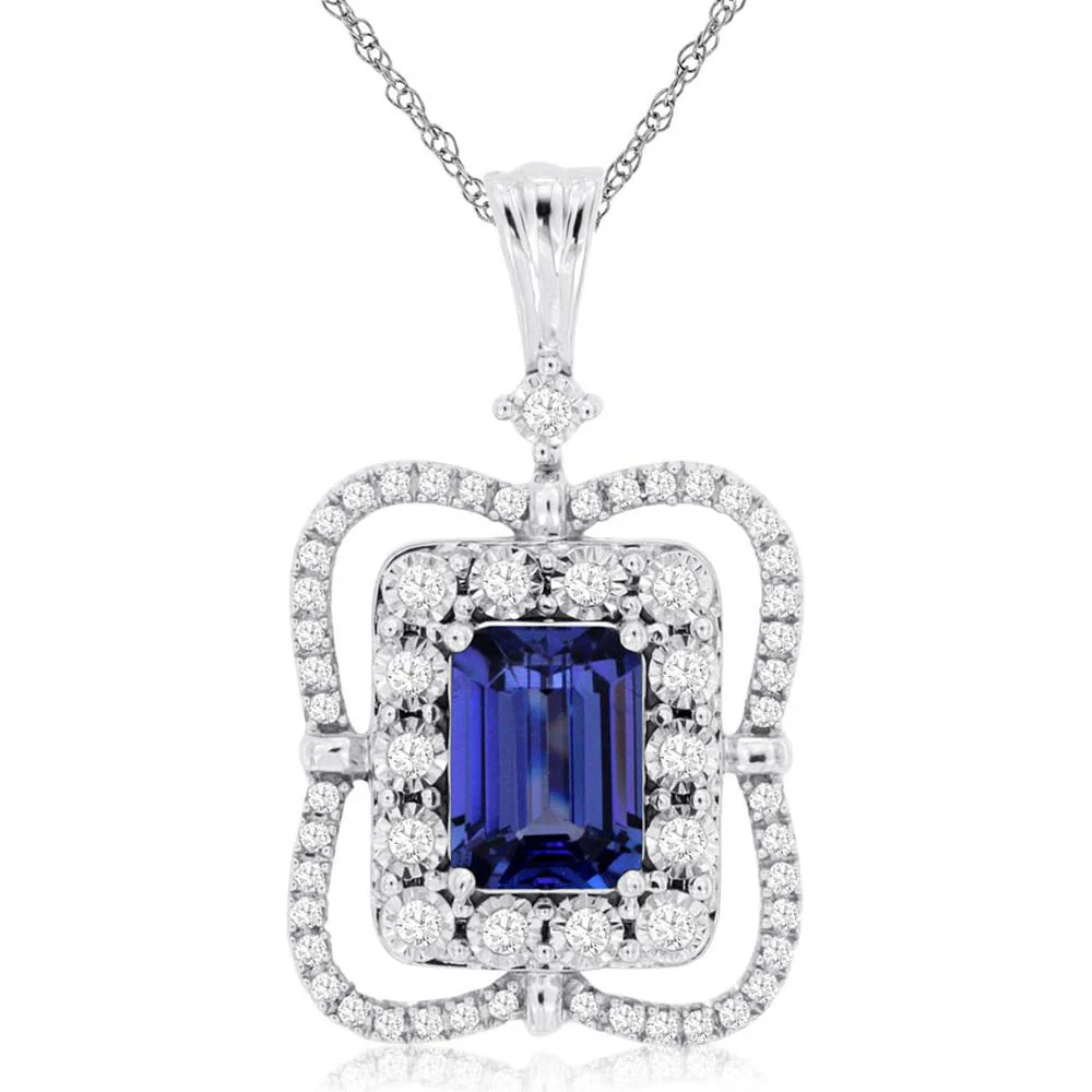 14K White Gold Tanzanite & Diamond Pendant with Emerald Cut Tanzanite - 1.40 Carats Total Gem Weight - Royal Jewelry