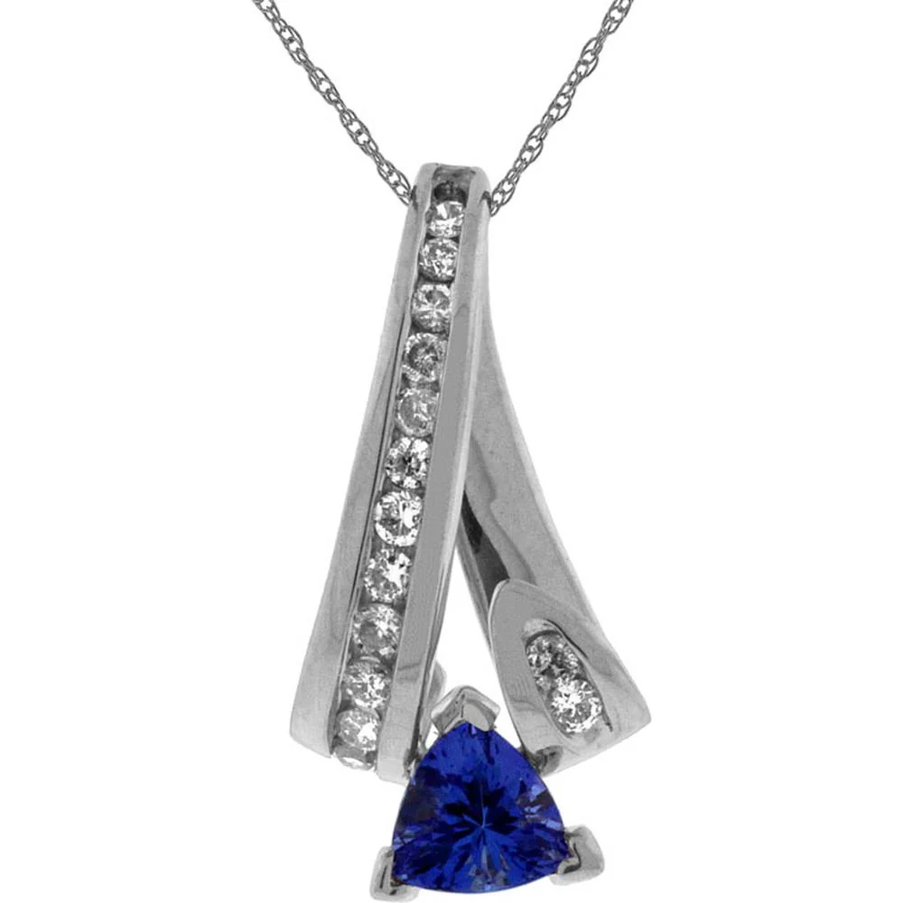 14K White Gold Tanzanite & Diamond Pendant with Trillion-Cut Tanzanite and Round Diamonds - 0.48 Carats Tanzanite, 0.25 Carats Diamond Total Weight - Royal Jewelry