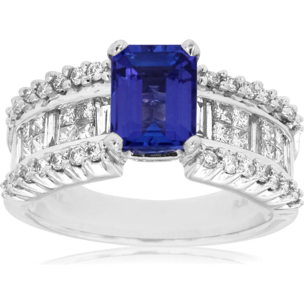 14K White Gold Tanzanite & Diamond Ring with Emerald Cut Tanzanite and Baguette & Round Diamonds - 2.65 Carats Total Gem Weight - Royal Jewelry
