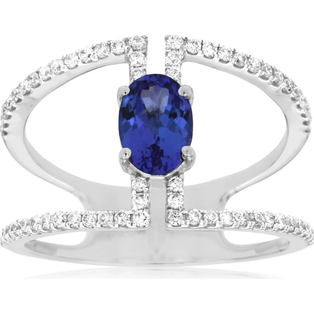 14K White Gold Tanzanite & Diamond Ring with Oval Tanzanite - 0.84 Carats Tanzanite & 0.35 Carats Diamond Total Weight - Royal Jewelry