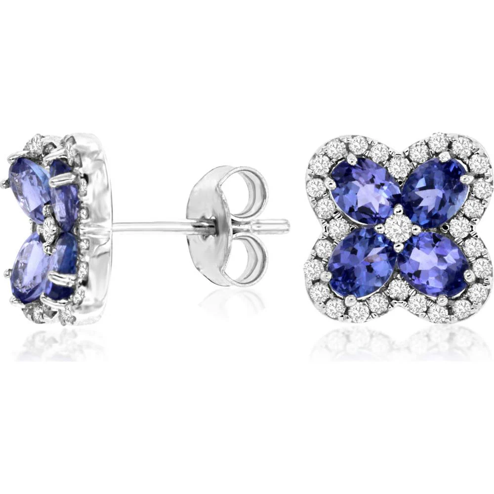 14K White Gold Tanzanite & Diamond Stud Earrings - 1.30 Carats Total Tanzanite Weight, 0.35 Carats Total Diamond Weight - Royal Jewelry