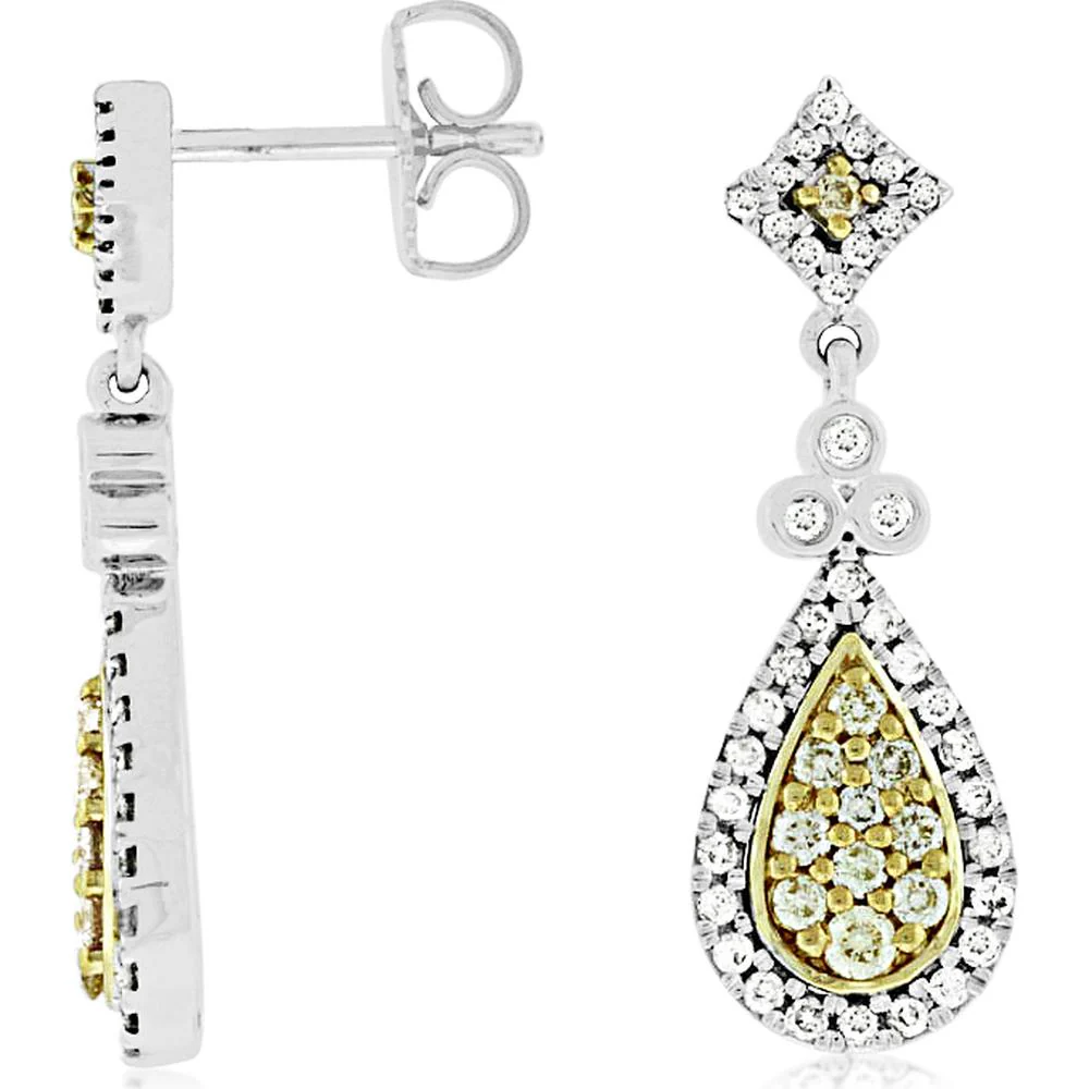 14K White Gold Teardrop Earrings with Yellow and White Diamonds - 0.83 Carats Total Diamond Weight - Royal Jewelry