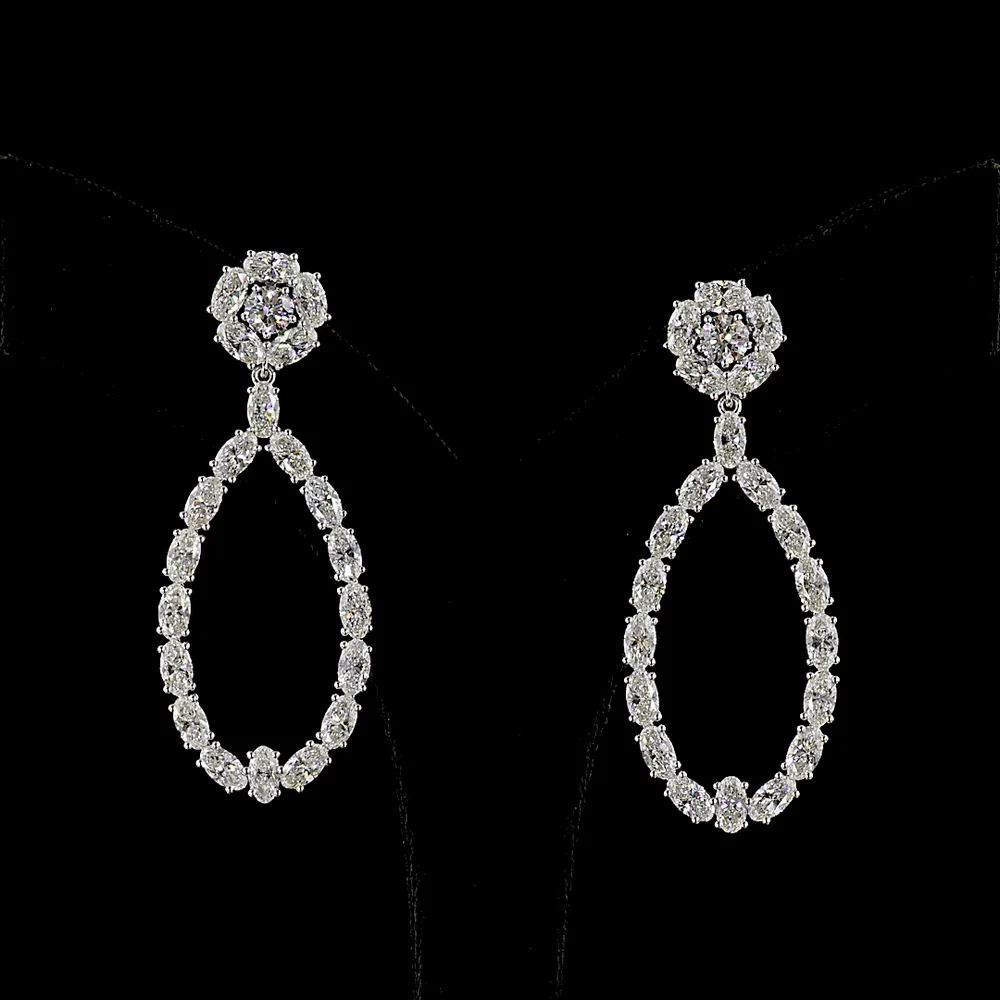 14K White Gold Teardrop Hanging Earrings with Round and Oval Cut Lab Diamonds - 8.32 Carat Total Diamond Weight - Covaloro Fine Jewelry