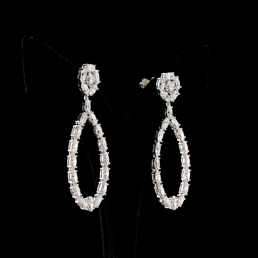 14K White Gold Teardrop Hanging Earrings with Round and Oval Cut Lab Diamonds - 8.32 Carat Total Diamond Weight - Covaloro Fine Jewelry - Image 3