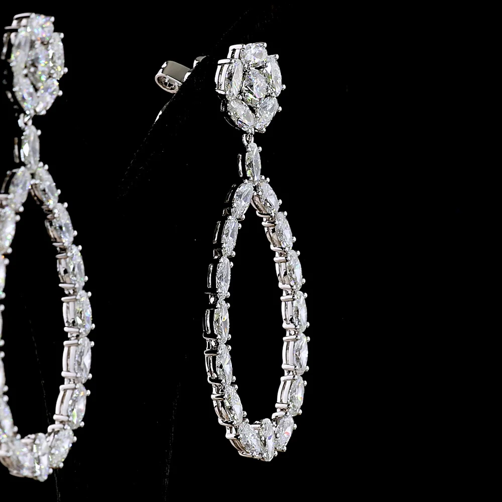 14K White Gold Teardrop Hanging Earrings with Round and Oval Cut Lab Diamonds - 8.32 Carat Total Diamond Weight - Covaloro Fine Jewelry - Image 4