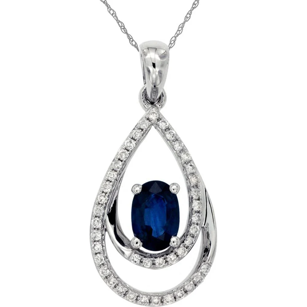 14K White Gold Teardrop Pendant Necklace with 0.60 Carat Oval Sapphire and Diamond Accents (0.17 Carat Total Diamond Weight) - Royal Jewelry