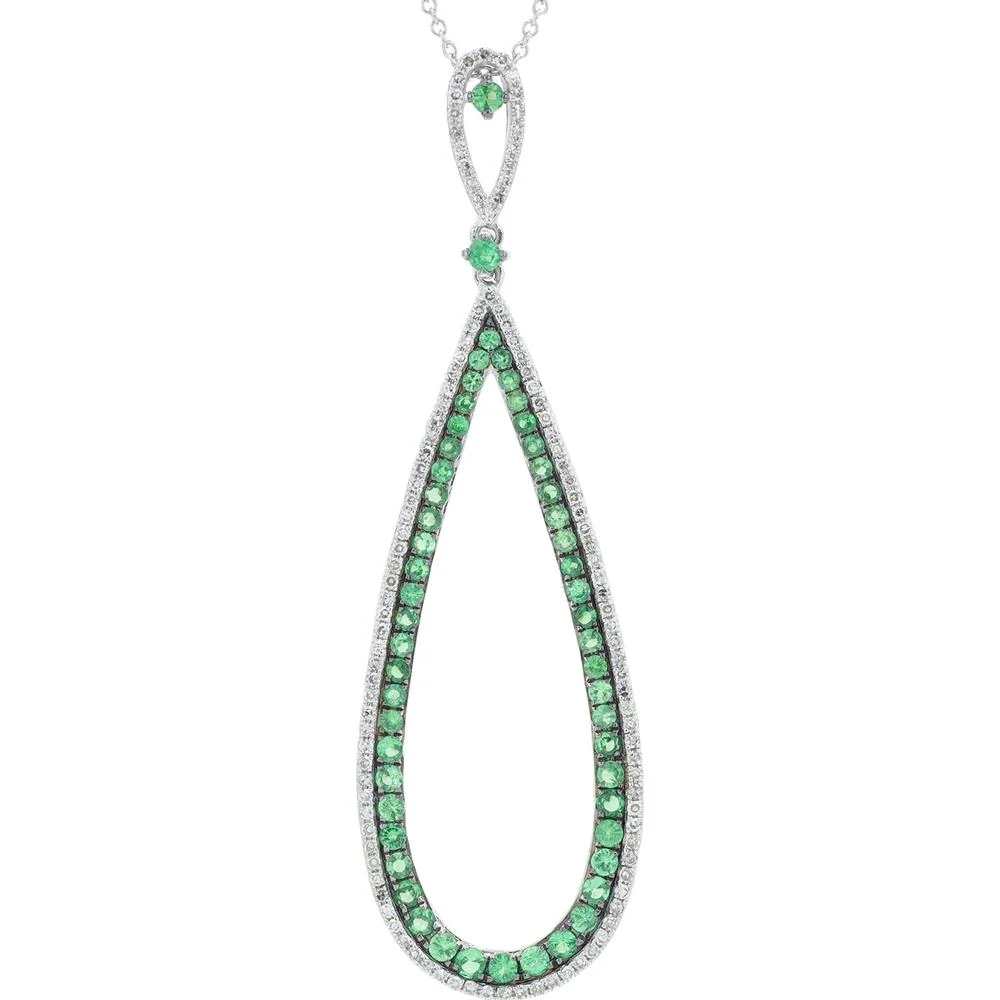 14K White Gold Teardrop Pendant with 1.00 - 1.33 Carat Tsavorite and 0.33 Carat Diamond Accents