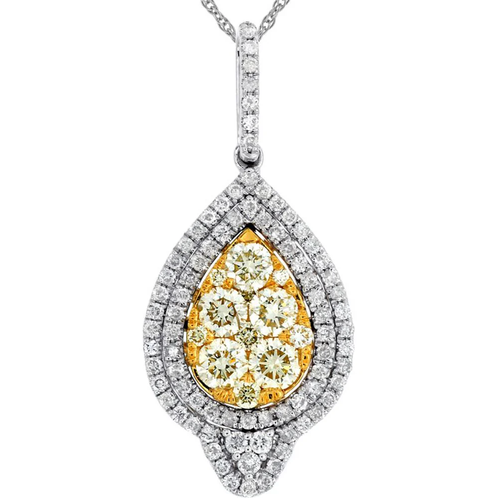 14K White Gold Teardrop Pendant with 1.00 Carat Yellow Diamond and White Diamond Halo - Royal Jewelry