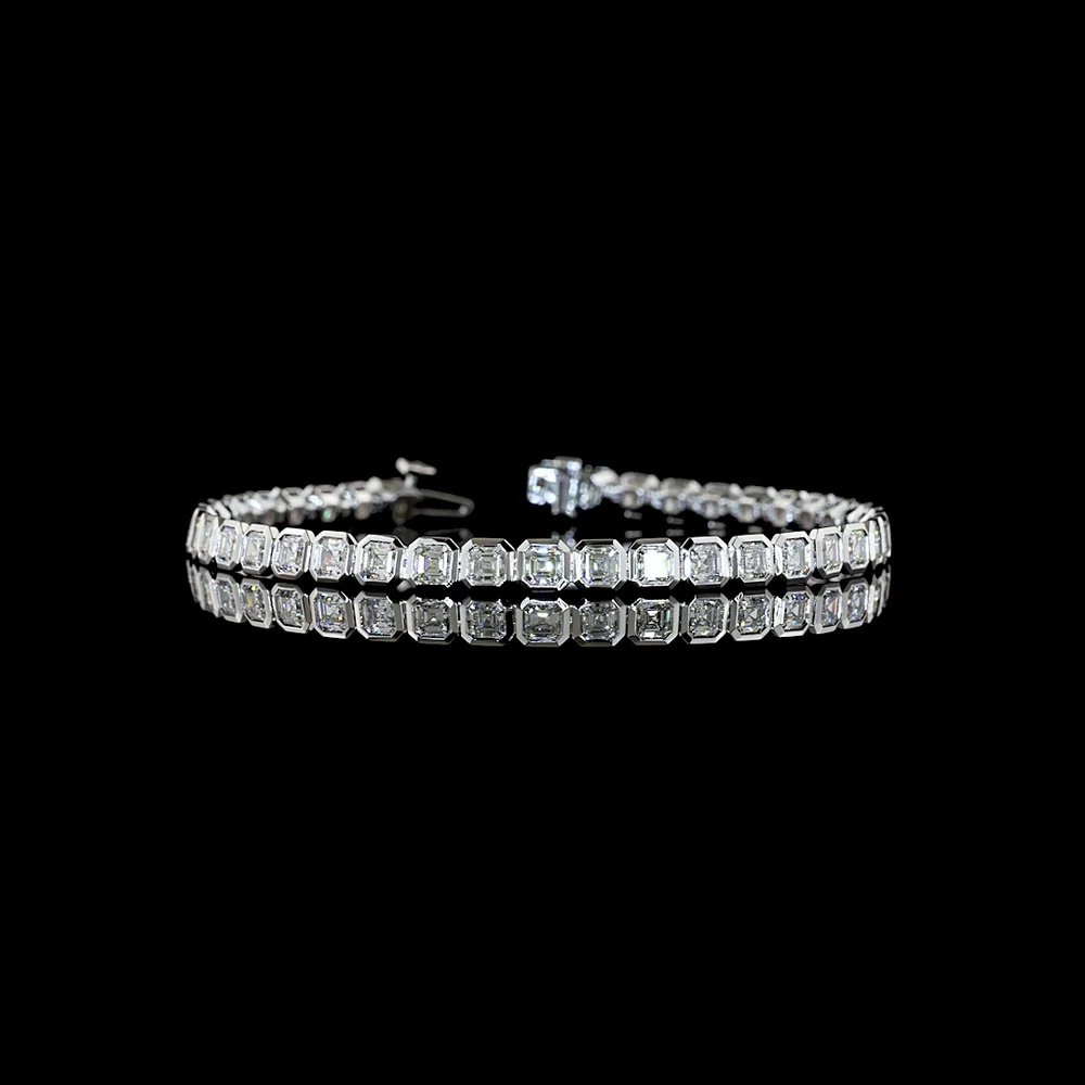 14K White Gold Tennis Bracelet with Bezel Set Asscher Cut Lab Diamonds - 6.03 Carat Total Weight, E-F Color, VS Clarity - Covaloro Fine Jewelry