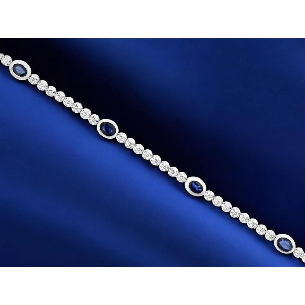 14K White Gold Tennis Bracelet with Bezel-Set Oval Sapphires and Round Diamonds - 1.80 Total Carat Weight (1.25 Carat Sapphire, 0.55 Carat Diamond) - Royal Jewelry - Image 2