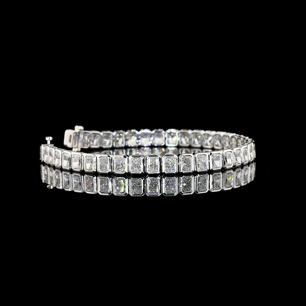 14K White Gold Tennis Bracelet with Bezel Set Radiant Cut Lab Diamonds - 11.18 Carat Total Weight, E-F VVS2 Clarity, 38 Stones - Covaloro Fine Jewelry