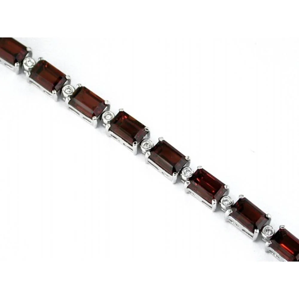 14K White Gold Tennis Bracelet with Emerald Cut Garnet and Round Diamonds - 16.16 Carats Total Gem Weight - Royal Jewelry