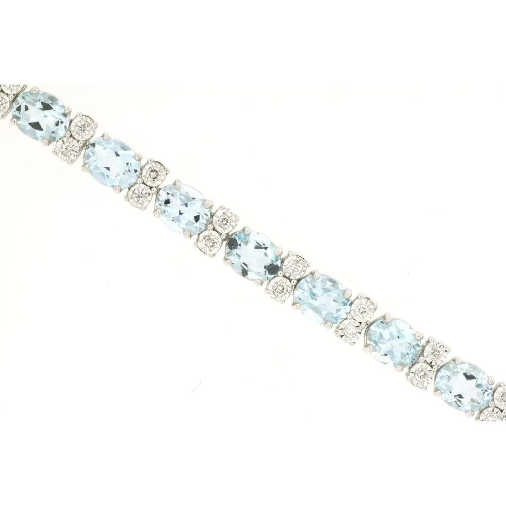 14K White Gold Tennis Bracelet with Oval Cut Aquamarines and Round Diamond Accents - 7.75 Carat Aquamarine Total Weight & 0.38 Carat Diamond Total Weight - Royal Jewelry