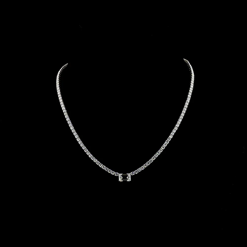 14K White Gold Tennis Necklace with 2.07 Carats Emerald Cut East-West Center and 138 Brilliant Cut Lab Diamonds - 11.70 Carats Total Diamond Weight - Covaloro Fine Jewelry