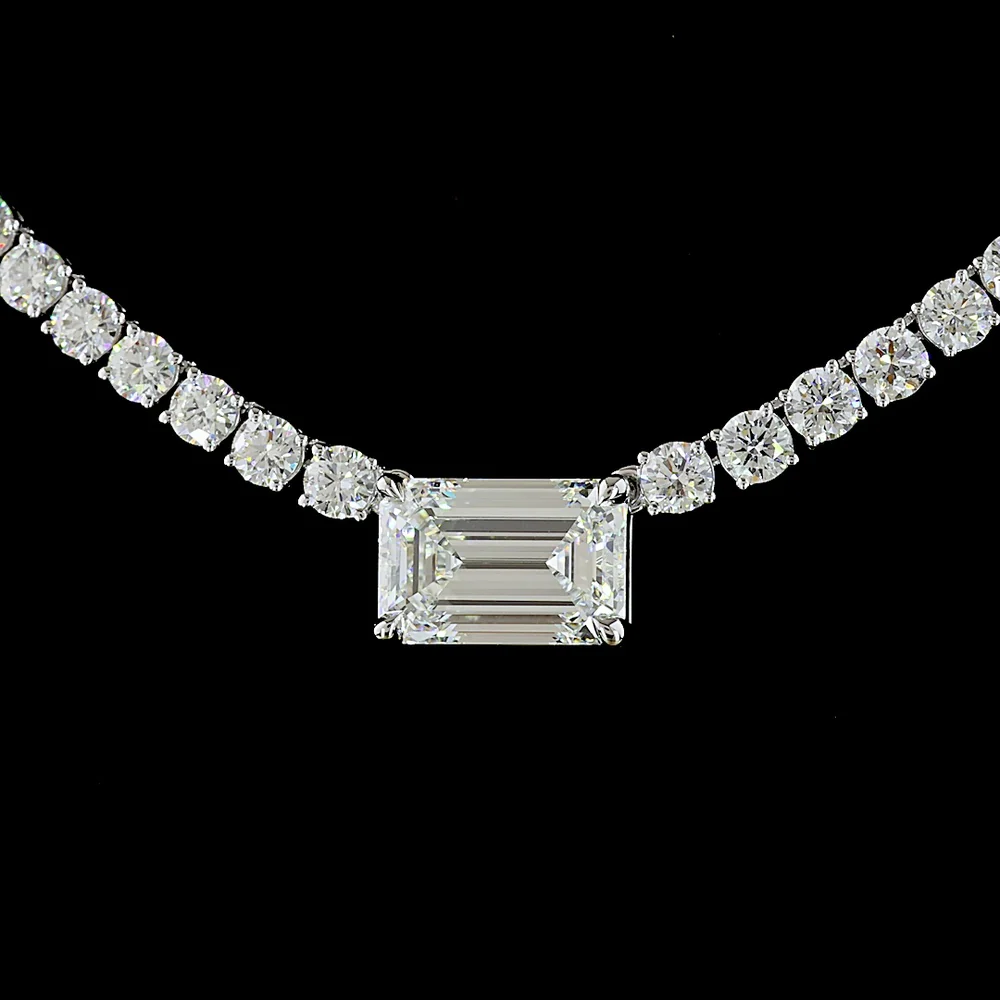 14K White Gold Tennis Necklace with 2.07 Carats Emerald Cut East-West Center and 138 Brilliant Cut Lab Diamonds - 11.70 Carats Total Diamond Weight - Covaloro Fine Jewelry - Image 2