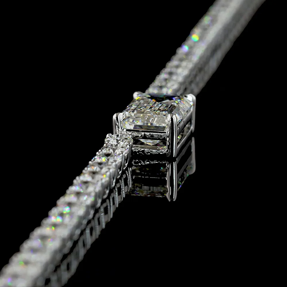14K White Gold Tennis Necklace with 2.07 Carats Emerald Cut East-West Center and 138 Brilliant Cut Lab Diamonds - 11.70 Carats Total Diamond Weight - Covaloro Fine Jewelry - Image 4