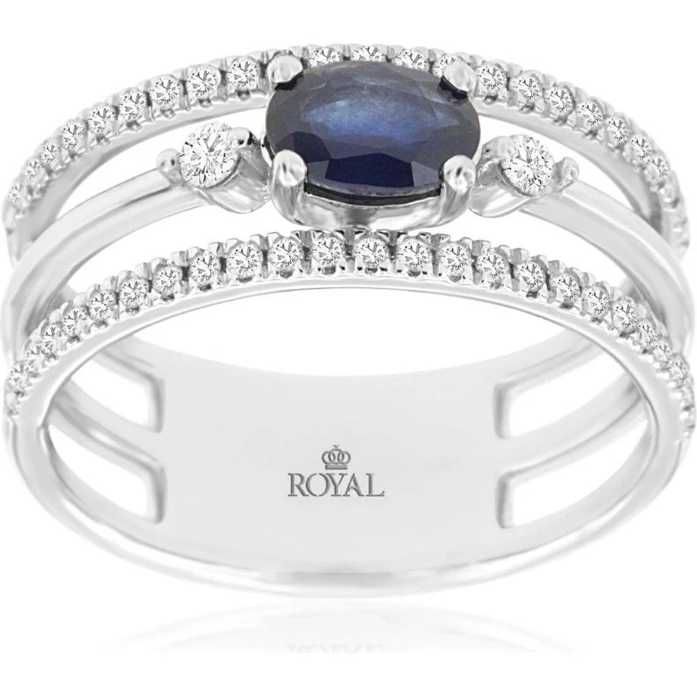 14K White Gold Three-Band Ring with 0.65 Carat Oval Sapphire and 0.33 Carat Round Brilliant Diamonds - Royal Jewelry