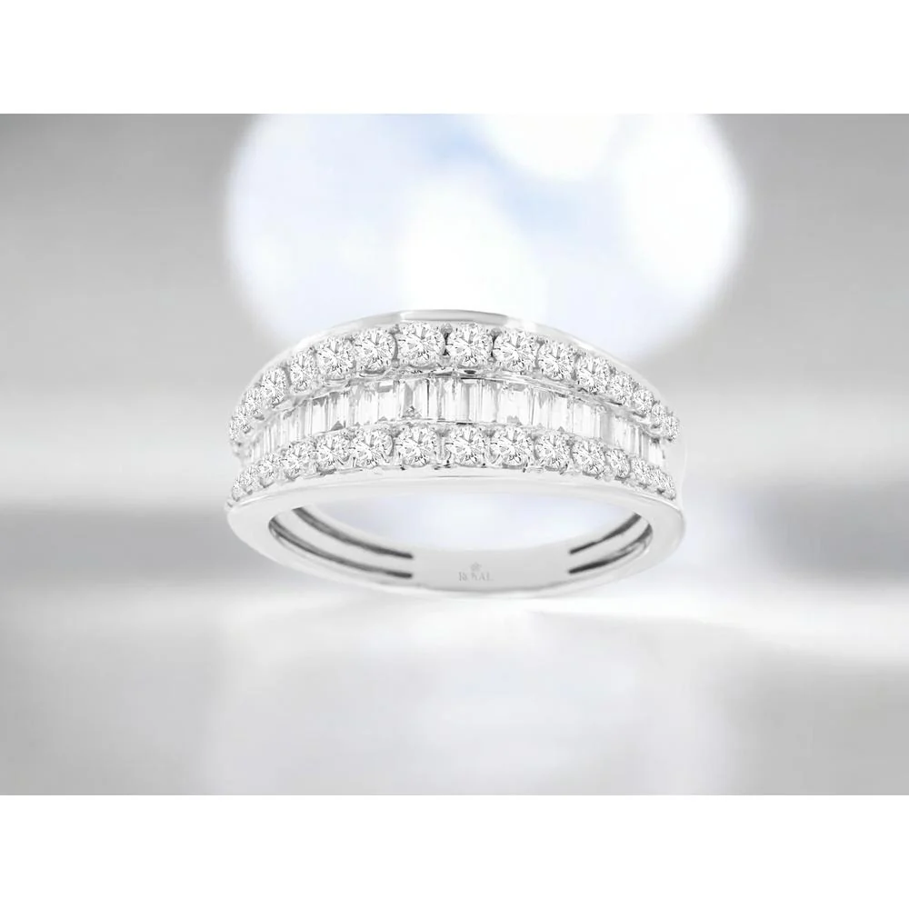 14K White Gold Three-Row Diamond Band with Baguette and Round Brilliant Cut Diamonds - 0.98 Carat Total Weight - Royal Jewelry - Image 2