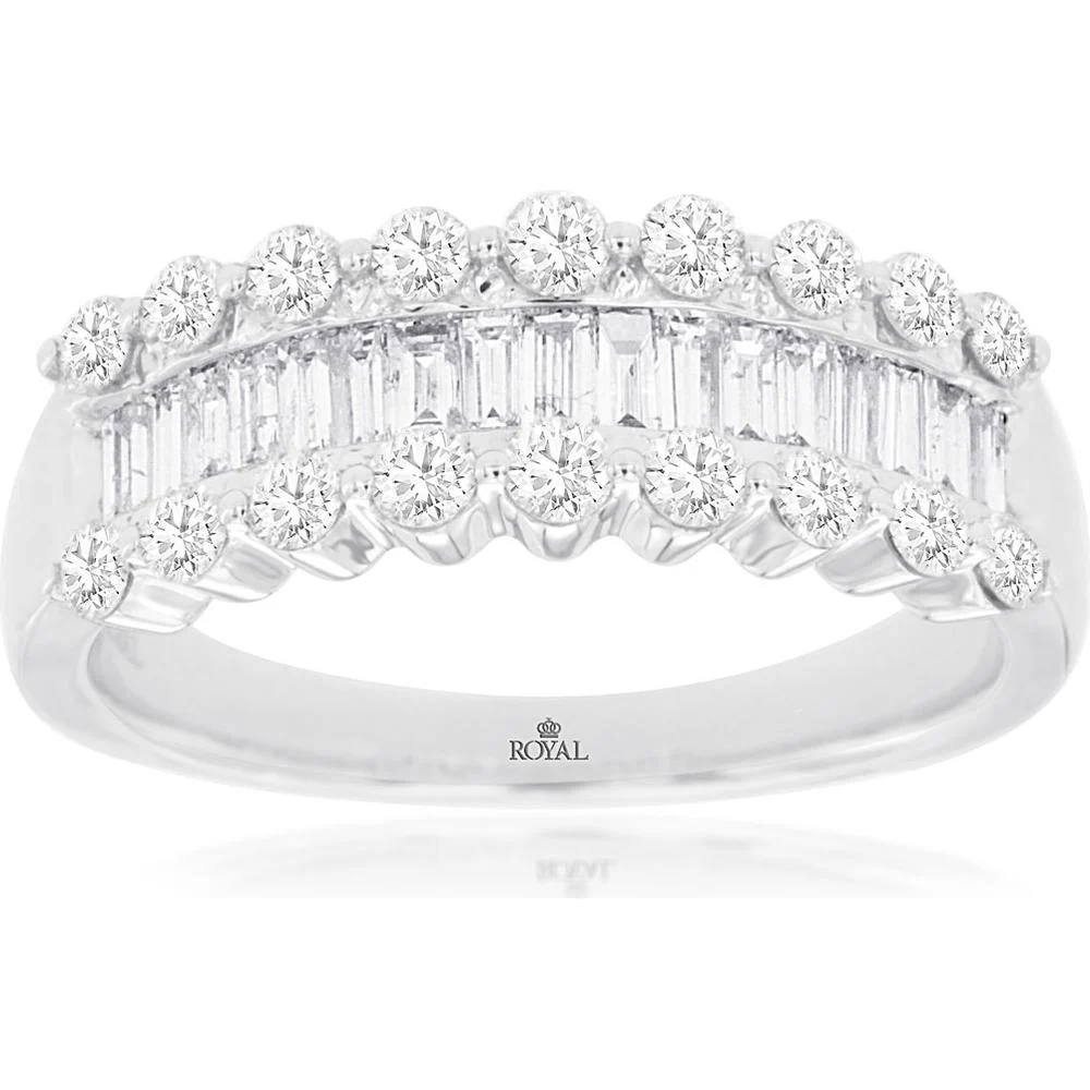 14K White Gold Three-Row Diamond Band with Baguette and Round Cut Diamonds - 1.00 Carat Total Diamond Weight - Royal Jewelry