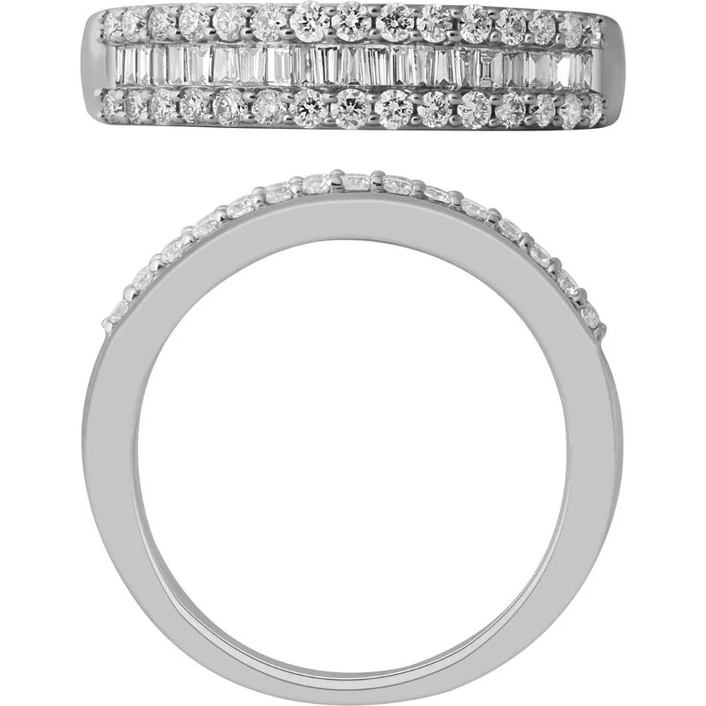 14K White Gold Three-Row Wedding Band with Channel Set Baguette and Prong Set Round Diamonds - 0.45 Carat Total Diamond Weight - Royal Jewelry