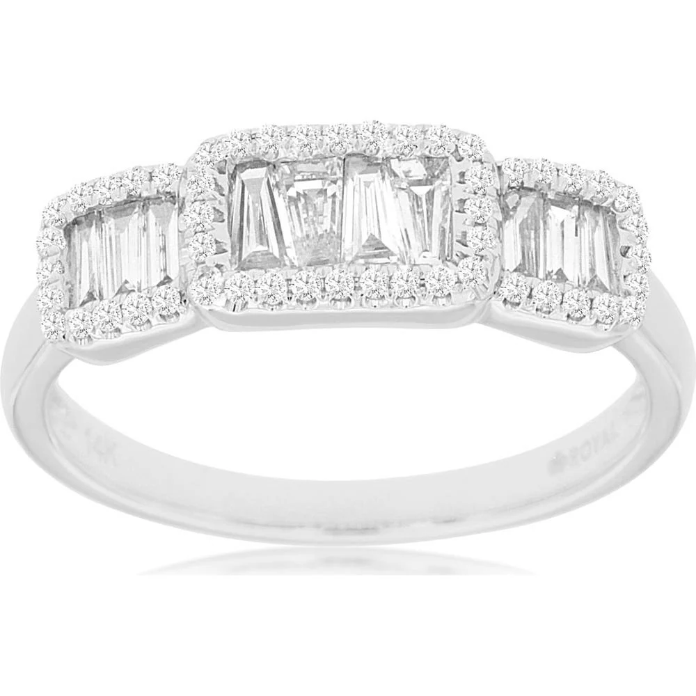 14K White Gold Three-Stone Baguette and Round Diamond Ring with Halo Setting - 0.58 Total Carat Weight - Royal Jewelry