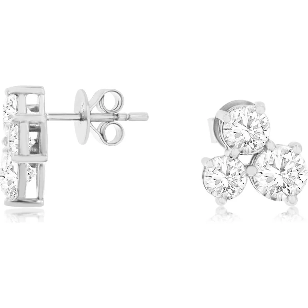 14K White Gold Three Stone Cluster Stud Earrings with Round Brilliant Cut Lab Grown Diamonds - 3.10 Carat Total Diamond Weight - Royal Jewelry