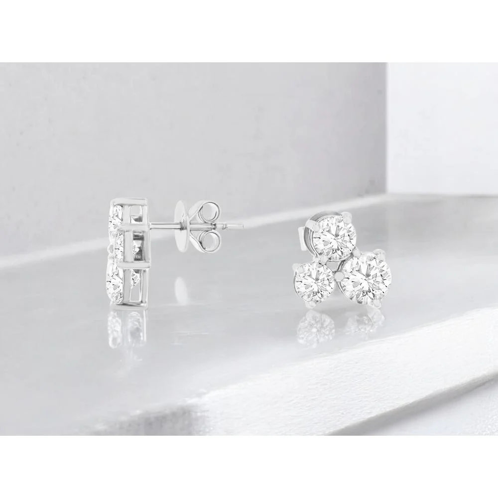 14K White Gold Three Stone Cluster Stud Earrings with Round Brilliant Cut Lab Grown Diamonds - 3.10 Carat Total Diamond Weight - Royal Jewelry - Image 2