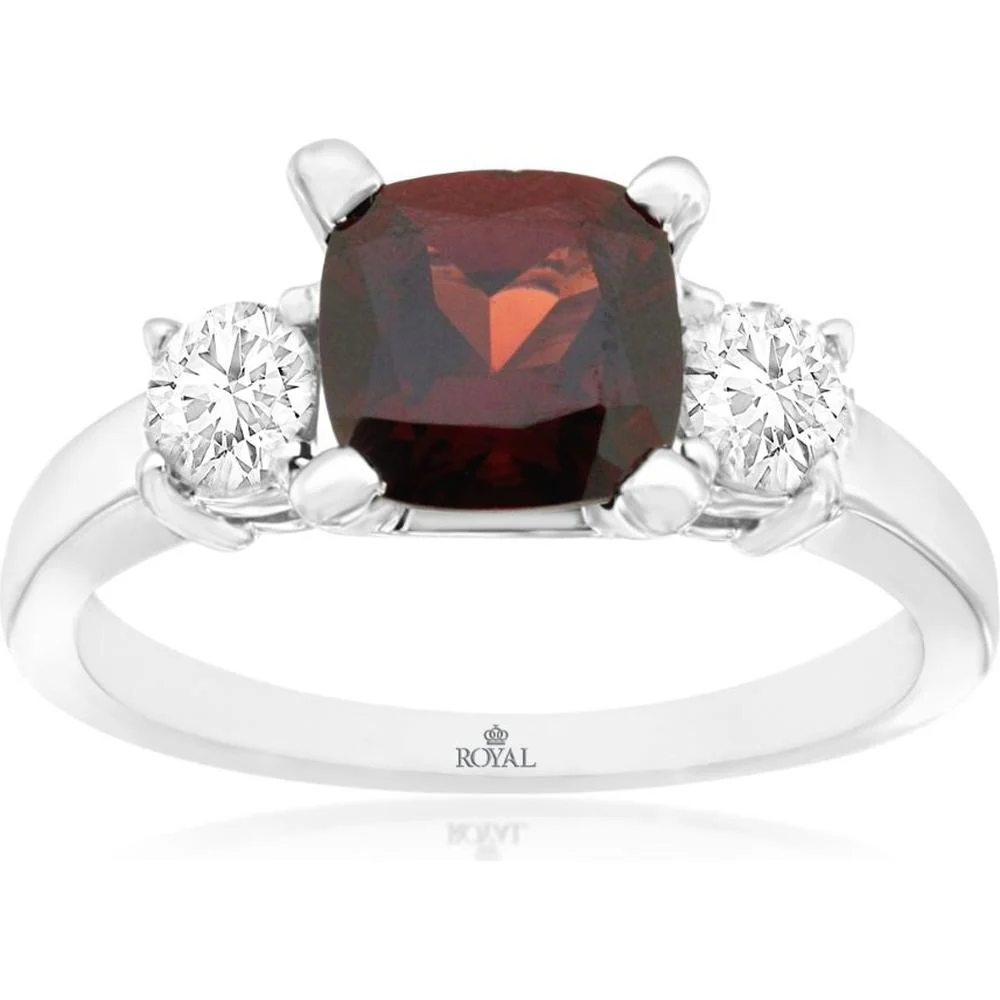 14K White Gold Three-Stone Cushion Cut Garnet and Round Diamond Ring - 1.65 Carat Garnet with 0.50 Carat Total Diamond Weight - Royal Jewelry