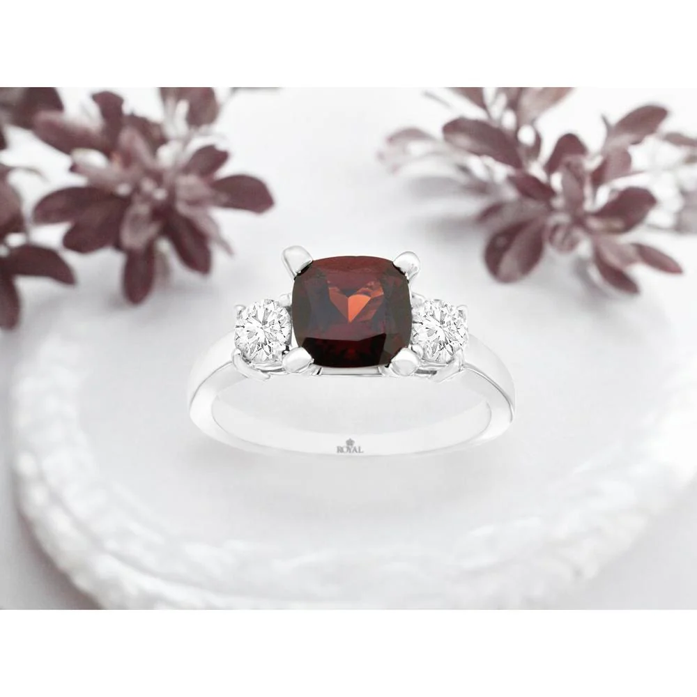 14K White Gold Three-Stone Cushion Cut Garnet and Round Diamond Ring - 1.65 Carat Garnet with 0.50 Carat Total Diamond Weight - Royal Jewelry - Image 2