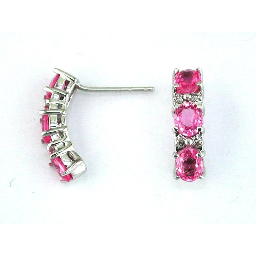 14K White Gold Three-Stone Earrings with Oval Pink Sapphires and Round Diamonds - 2.80 Carats Total Gem Weight - Royal Jewelry