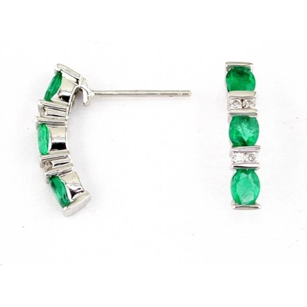 14K White Gold Three Stone Emerald and Diamond Earrings - 1.08 Carats Total Gem Weight - Royal Jewelry