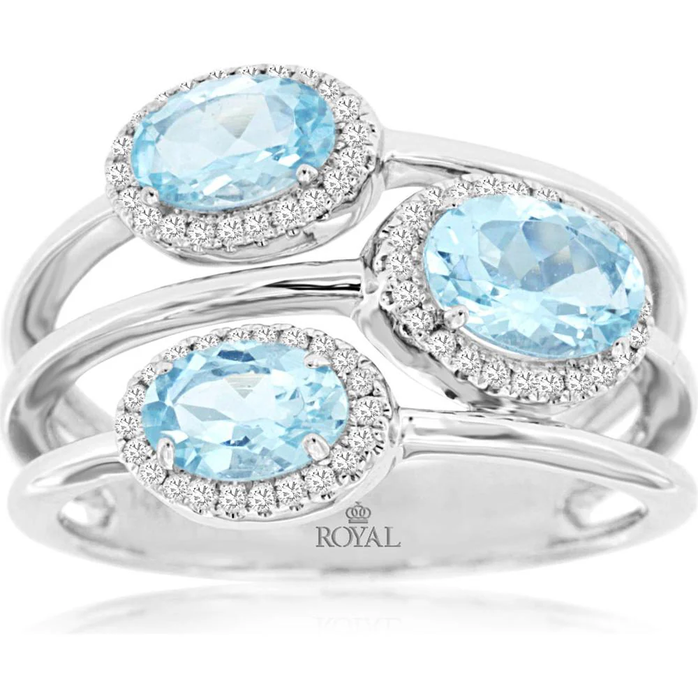 14K White Gold Three-Stone Halo Ring with Oval Aquamarine and Round Diamonds - 1.70 Total Carat Weight - Royal Jewelry