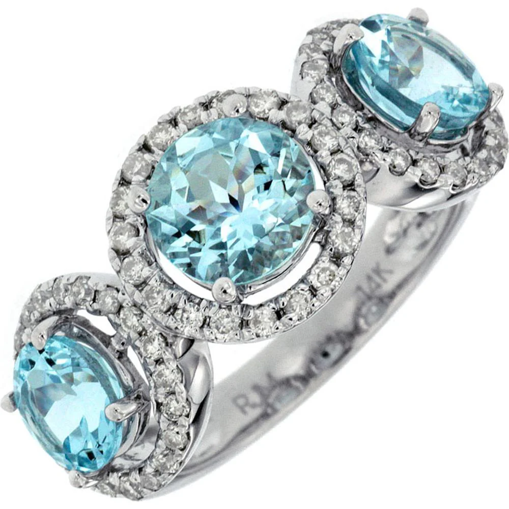 14K White Gold Three-Stone Halo Ring with Round Cut Aquamarines and 0.60 Carat Diamond Accents - 3.20 Carat Total Gem Weight - Royal Jewelry