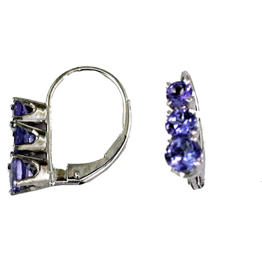 14K White Gold Three-Stone Lever-Back Earrings with Round Tanzanite - 1.10 Carat Total Gem Weight - Royal Jewelry