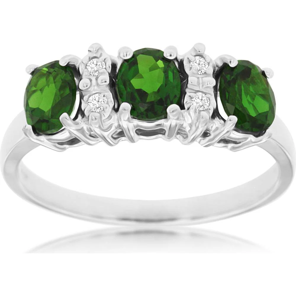 14K White Gold Three-Stone Oval Russalite Ring with Round Diamond Accents - 1.30 Carat Total Russalite Weight and 0.06 Carat Total Diamond Weight - Royal Jewelry