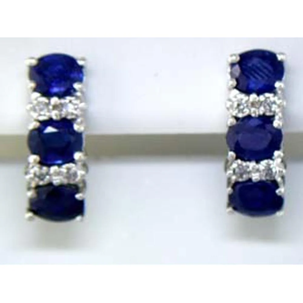 14K White Gold Three Stone Oval Sapphire and Round Diamond Earrings - 2.60 Carat Total Sapphire Weight and 0.12 Carat Total Diamond Weight - Royal Jewelry