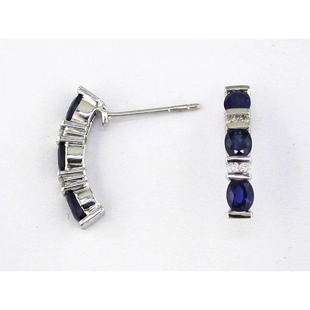 14K White Gold Three Stone Oval Sapphire and Round Diamond Earrings with Post Backs - 1.40 Carat Total Sapphire Weight and 0.10 Carat Total Diamond Weight - Royal Jewelry
